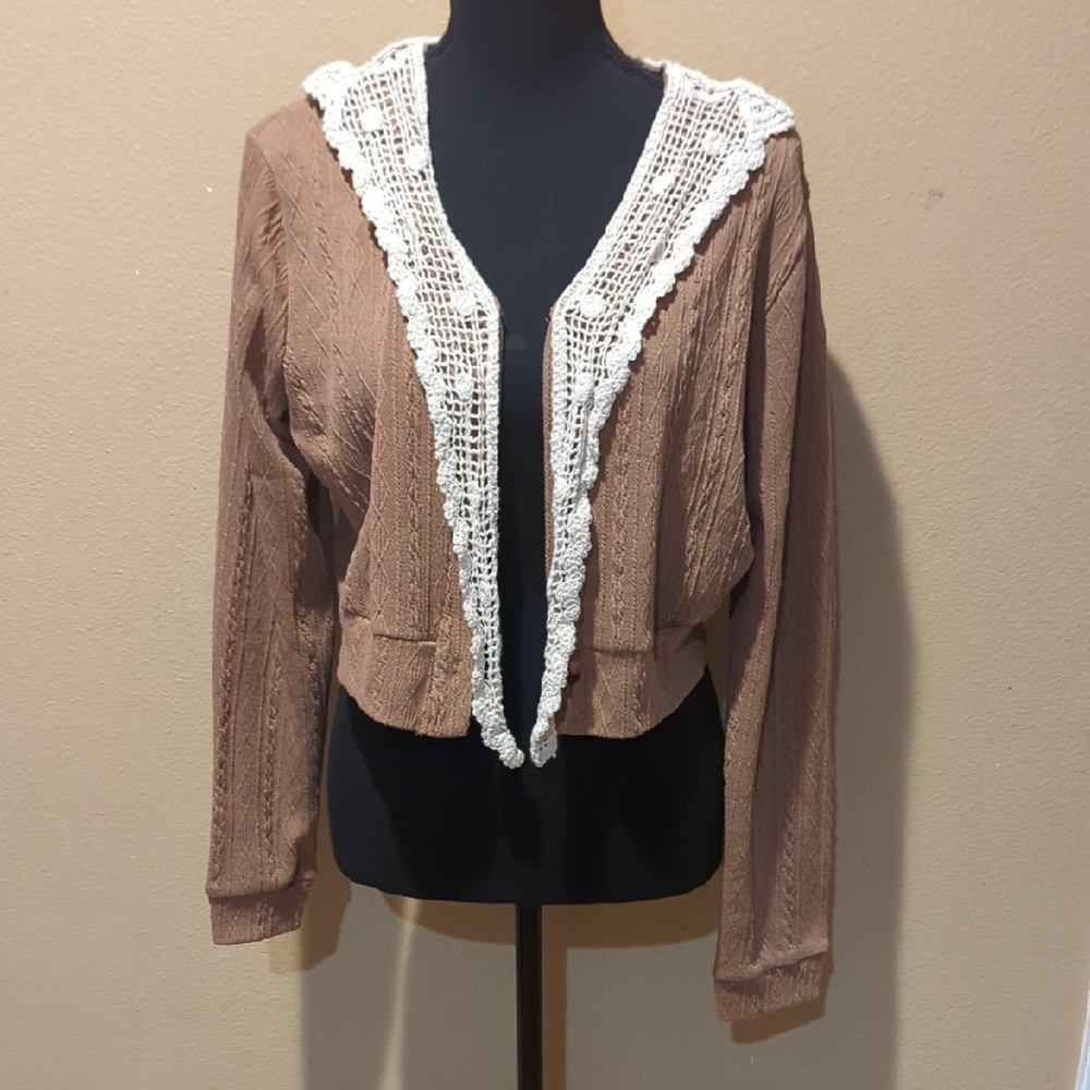 ROMWE Tan Cardigan with White Lace Trim